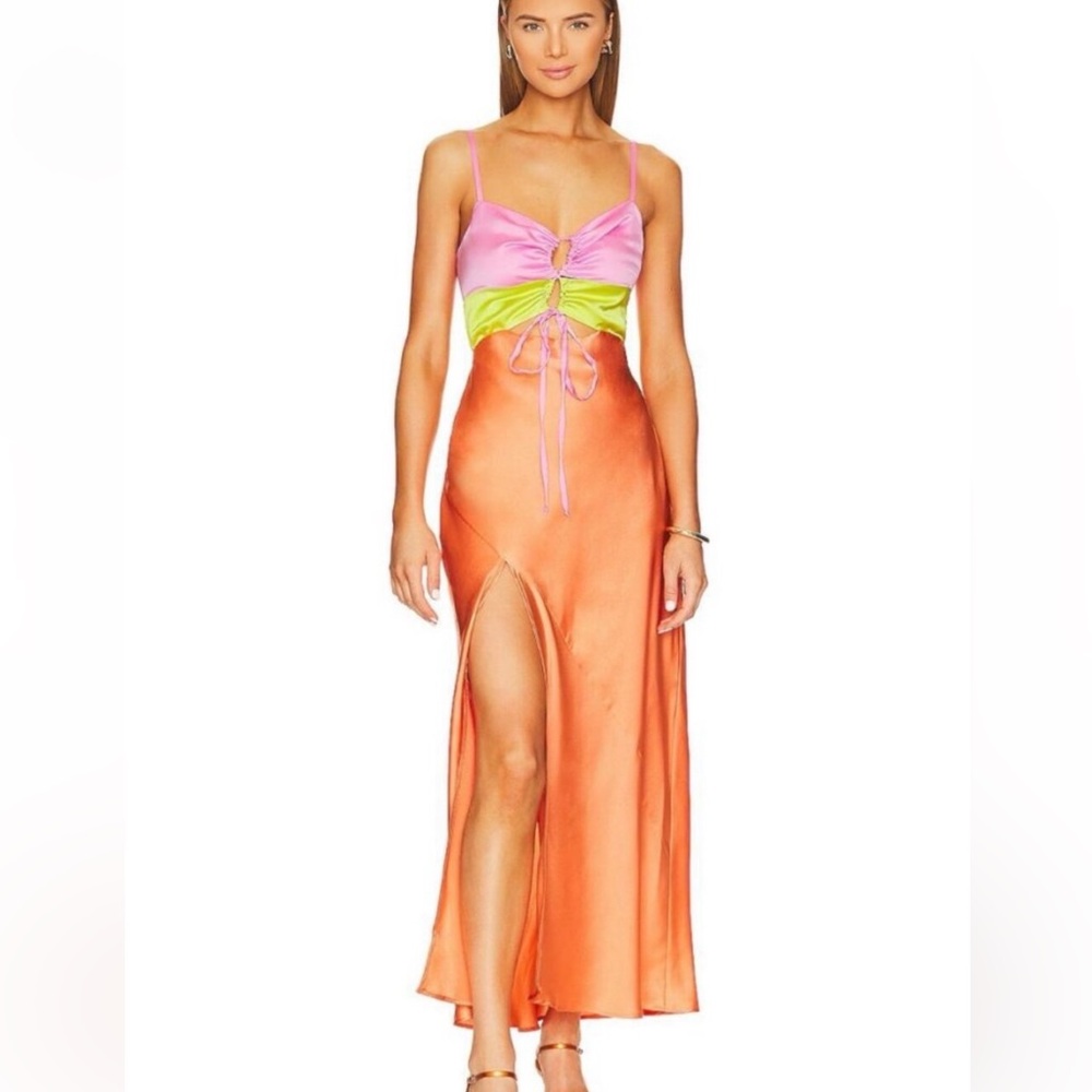 NWT Show Me Your Mumu Calloway Cut Out Dress Cantaloupe Luxe Satin Color Block M